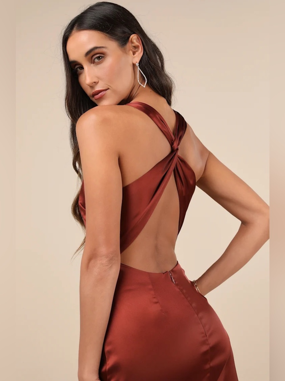 Lulus Purely Elegant Rust Brown Satin Twist-Back Maxi Dress large NWOT
